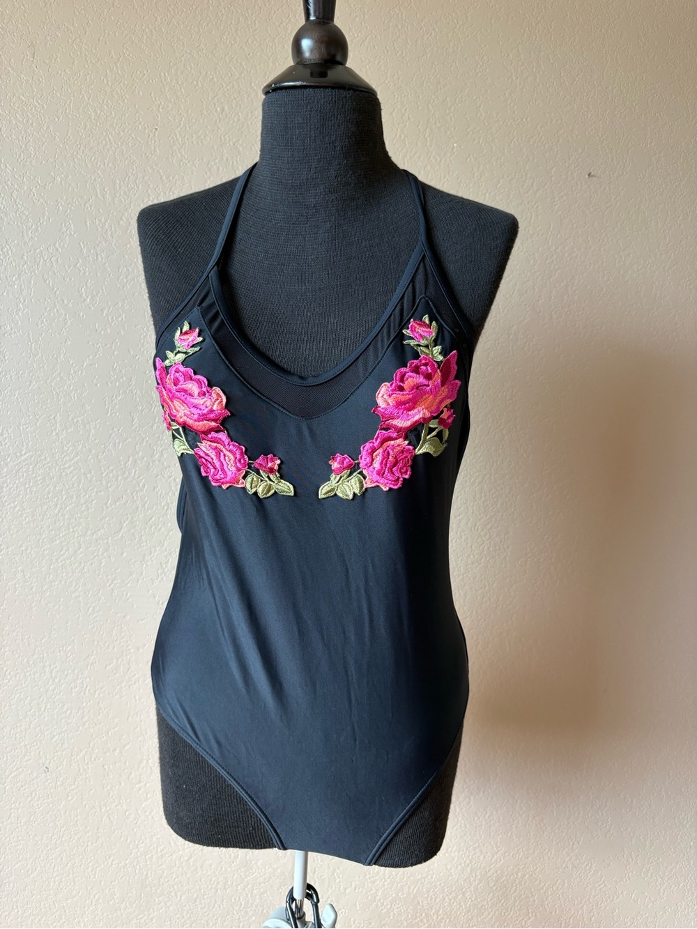 Xhilaration Black One Piece Swimsuit Med Embroidered Roses Romantic Goth